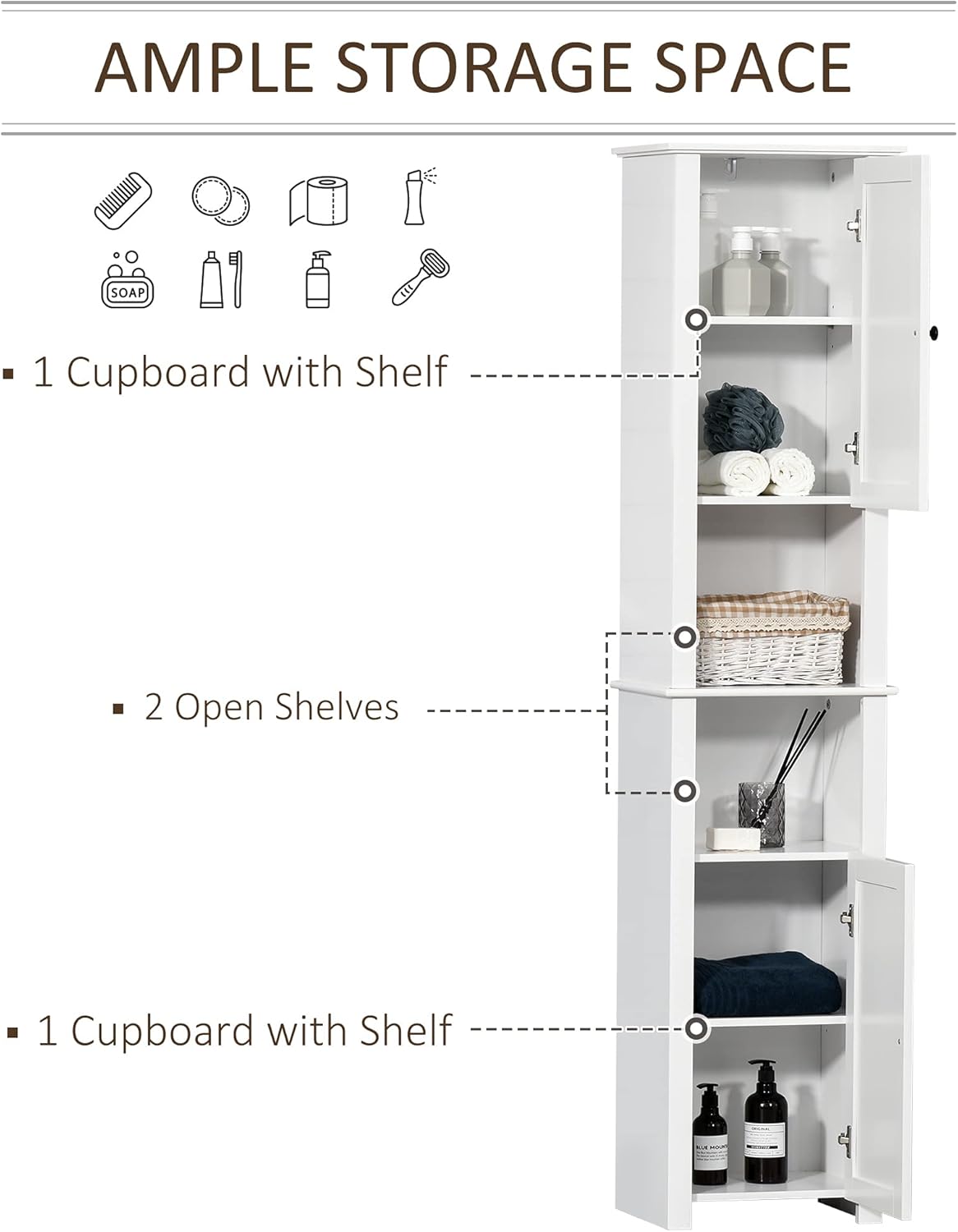 White Freestanding Bathroom Storage Cabinet with 2-Tier Shelf and 2 Cupboards W85094
