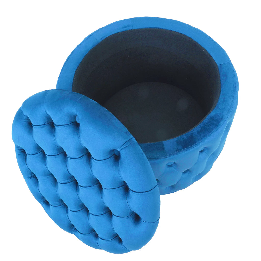 Blue Velvet Round Storage Ottoman T2647