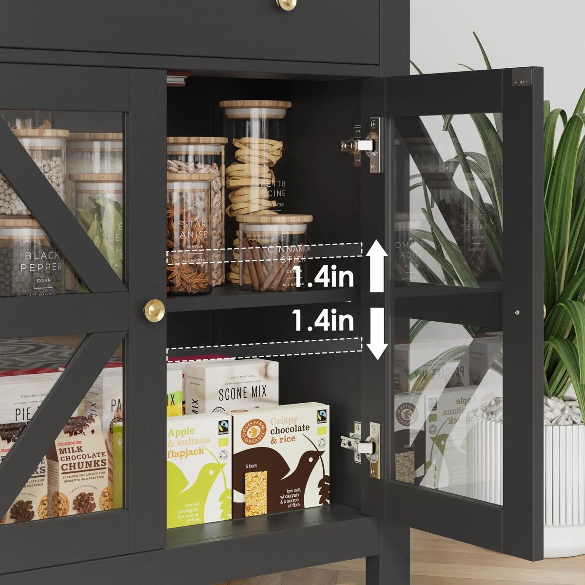Black Buffet Cabinet with Glass Doors and Drawers Y609