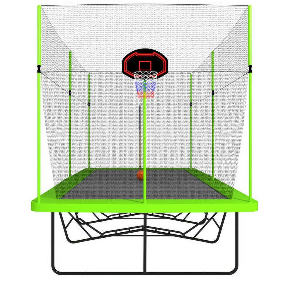 10ft by 17ft Rectangular Trampoline with Green Fabric Black Powder-coated Galvanized Steel Tubes with Basketball Hoop System B817
