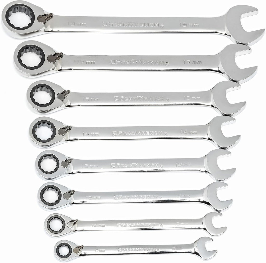 8 Pc. 12 Pt. Reversible Ratcheting Combination Wrench Set, Metric K743