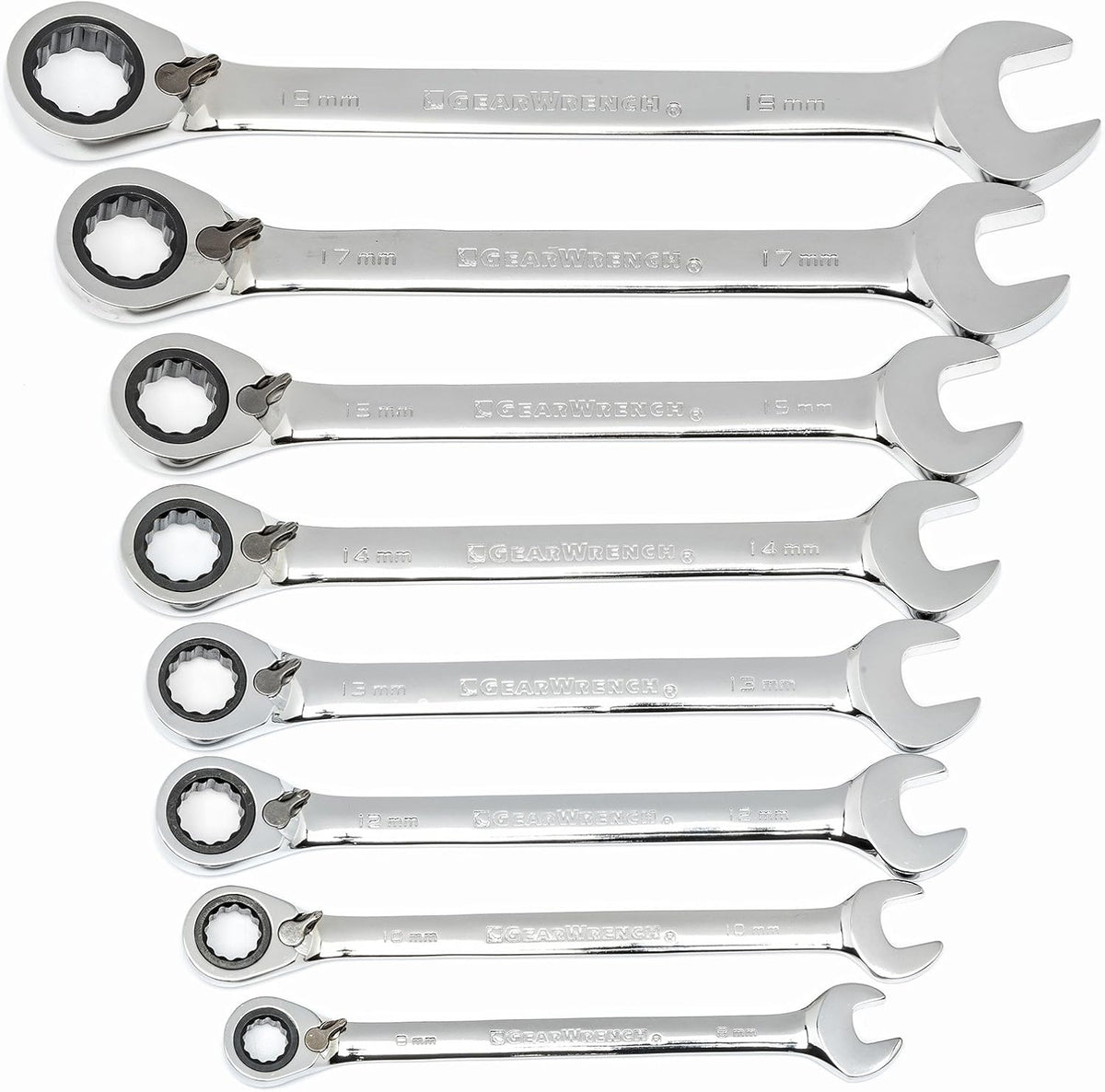 8 Pc. 12 Pt. Reversible Ratcheting Combination Wrench Set, Metric K743