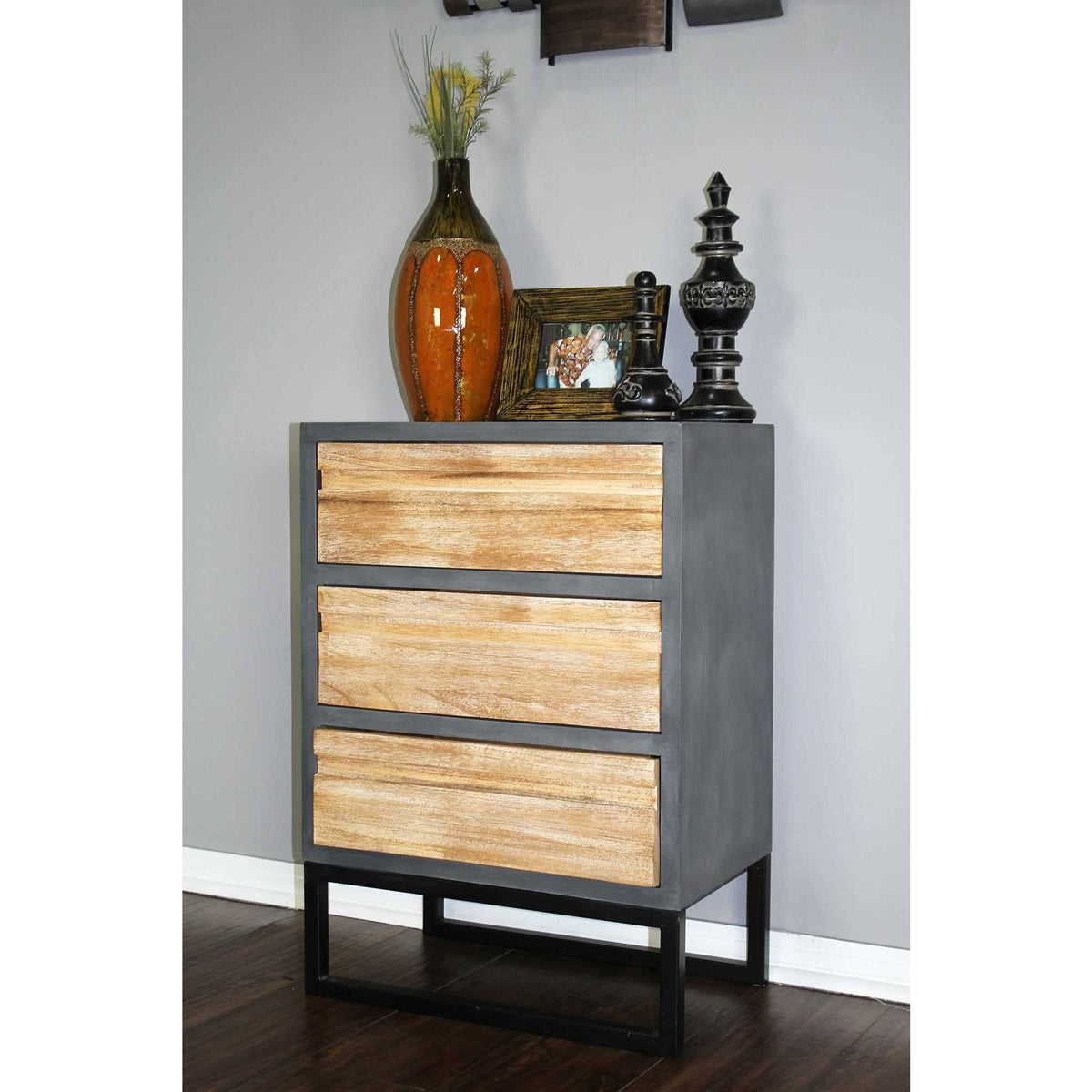 Gray Iron Accent Cabinet with 3 Wood Drawers V9270