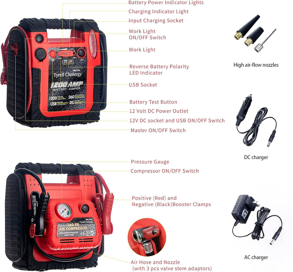 Jump Starter 1200Amp 12V Power Station with 260 PSI Air Compressor D132678