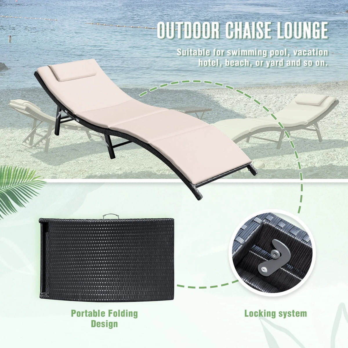 3 Pieces PE Rattan Folding Patio Chaise Chair Set with Table Z637387