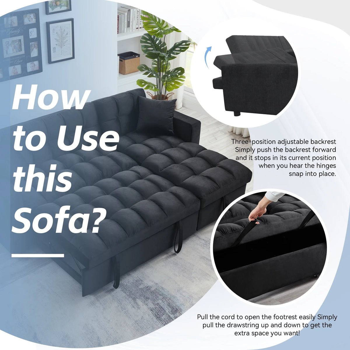 84" Black Velvet Convertible Sleeper Sofa with Storage Chaise K6691