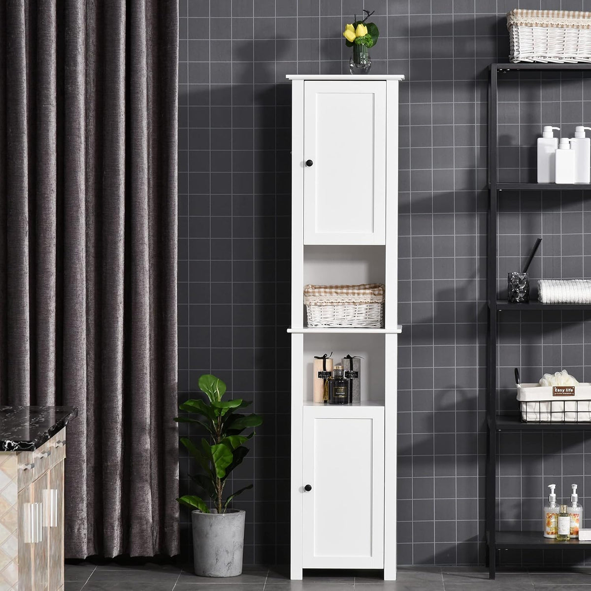 White Freestanding Bathroom Storage Cabinet with 2-Tier Shelf and 2 Cupboards W85094