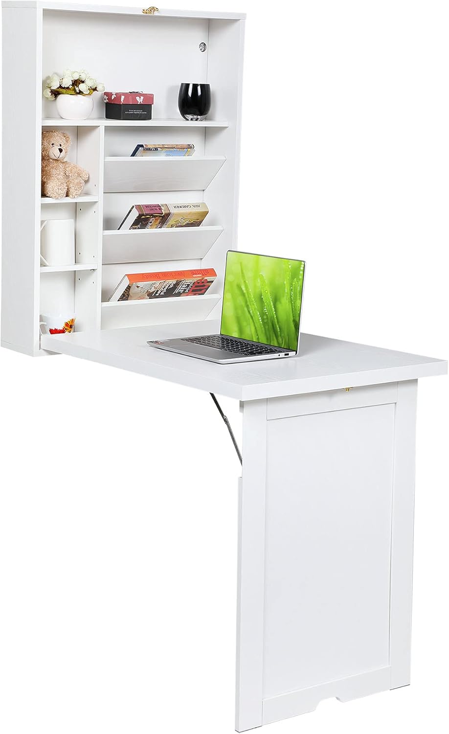 Wall Mounted Desk Fold Down Table Craft Cabinet with Storage Shelves V875287