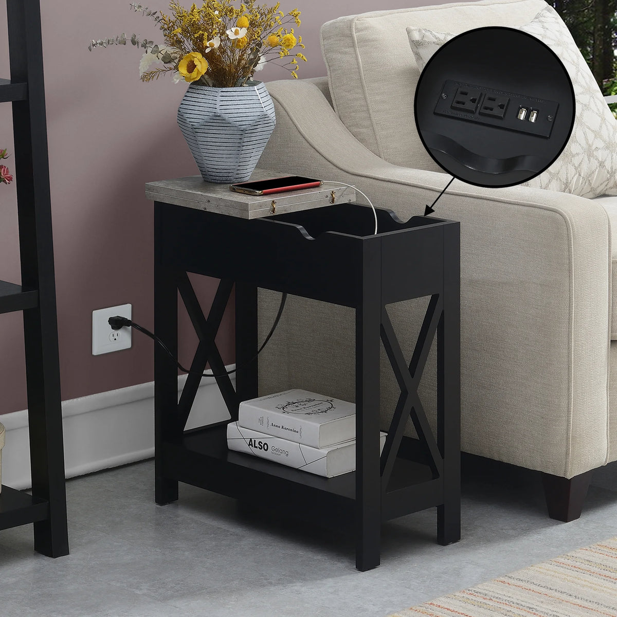 Flip Top End Table with Charging Station and Shelf Z2104
