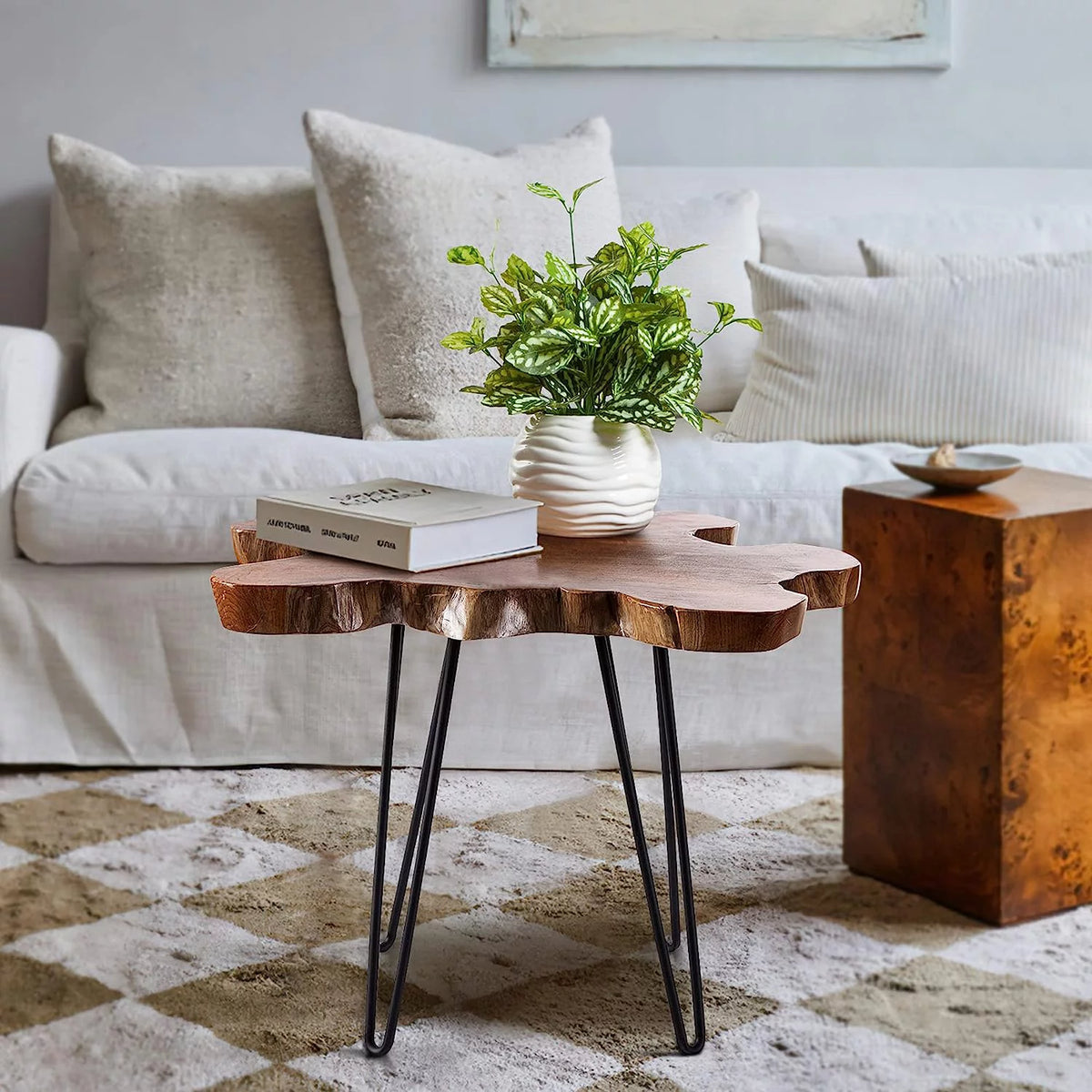 Natural Teak Live Edge Coffee Table with Hairpin Legs Z618