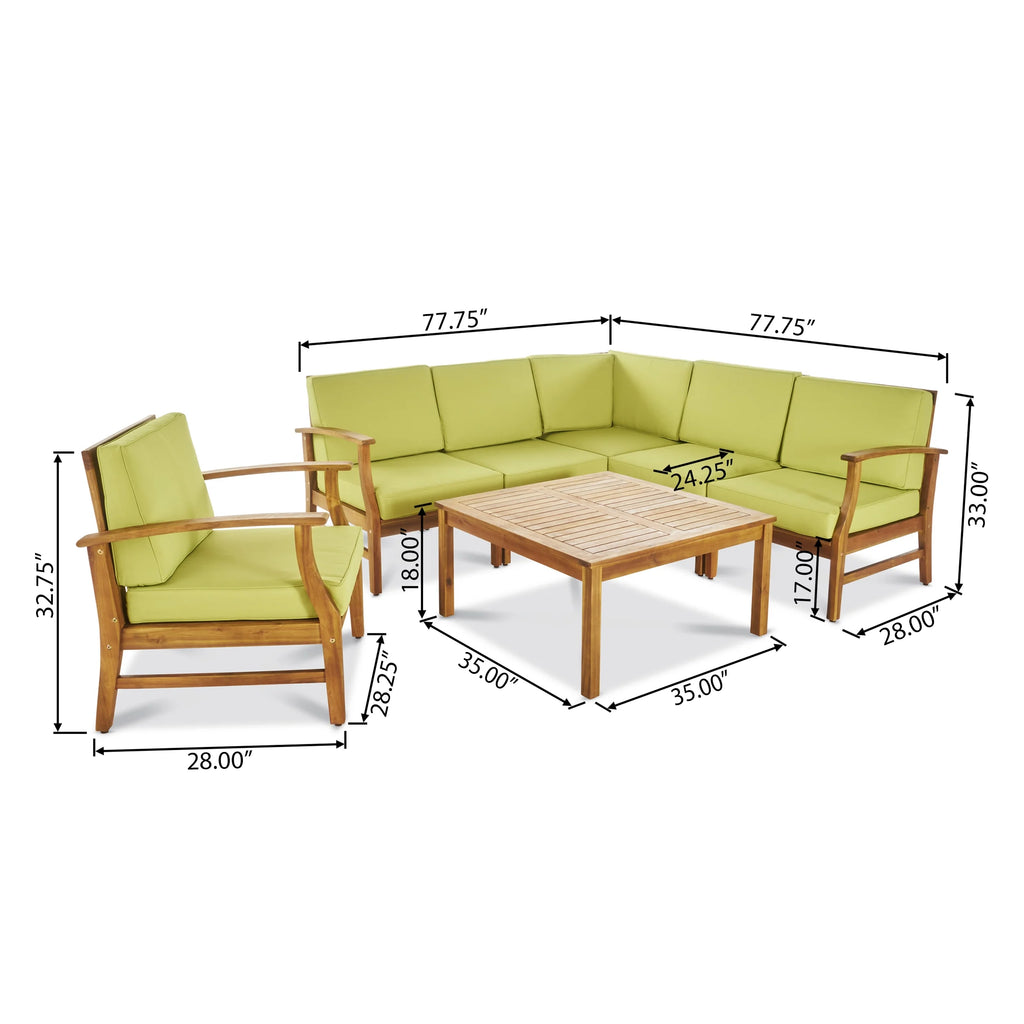 Teak and Green Acacia Wood 6 Seater Sectional Sofa and Club Chair Chat Set with Cushions V53352