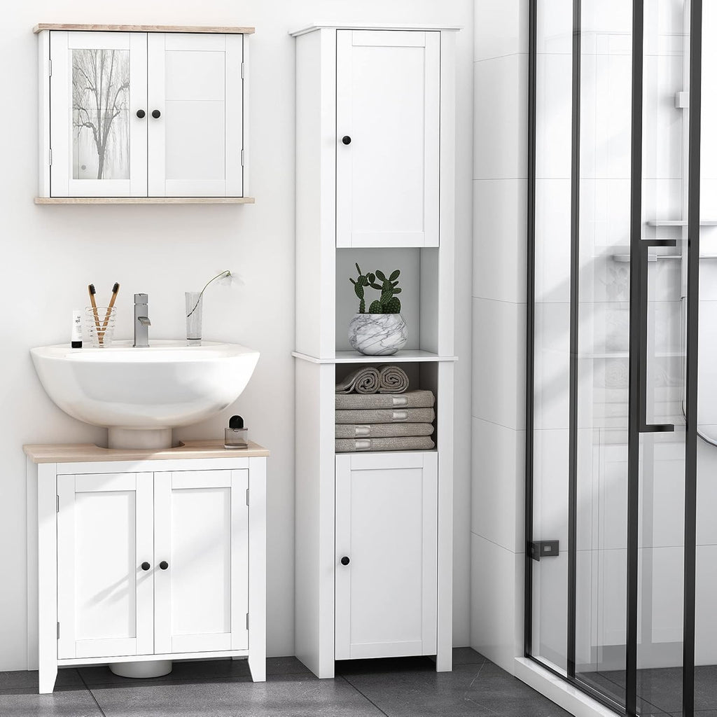 White Freestanding Bathroom Storage Cabinet with 2-Tier Shelf and 2 Cupboards W85094