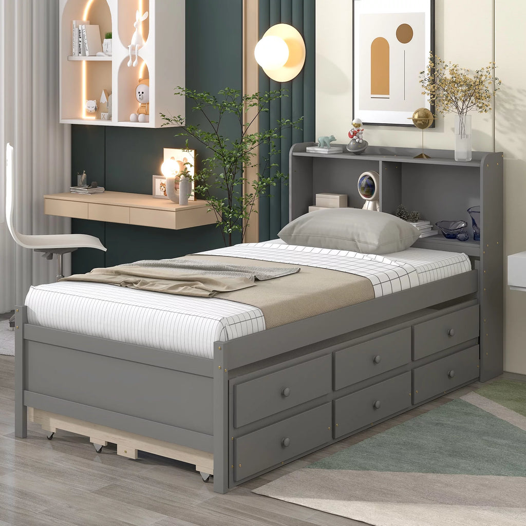 Twin Size Wooden Platform Bed with Trundle and 3 Storage Drawers A570