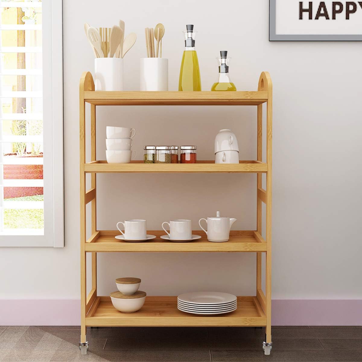 4-Tier Bamboo Storage Utility Cart with Wheels R2368
