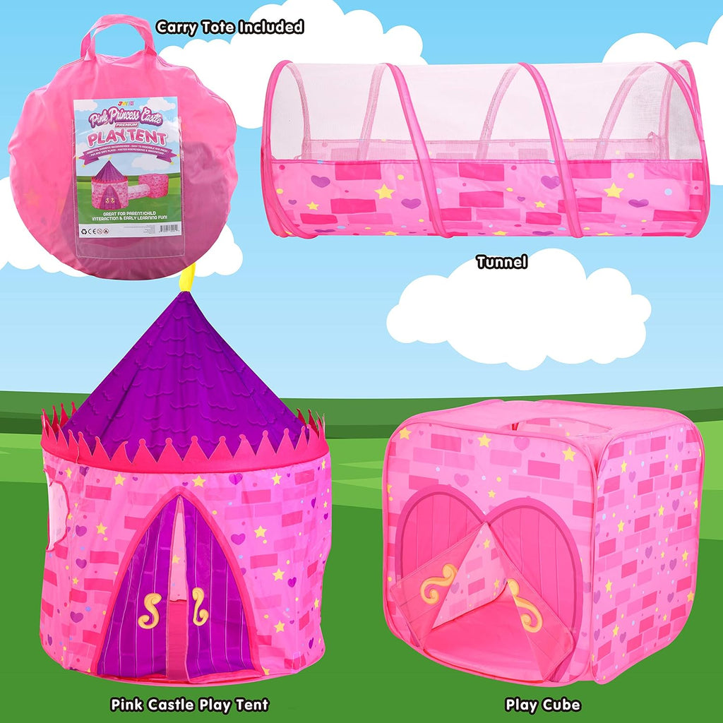 Pink Castle Play Tent with Pop Up Tunnel and Playhouse Kids Indoor Outdoor Play Tent Set S441