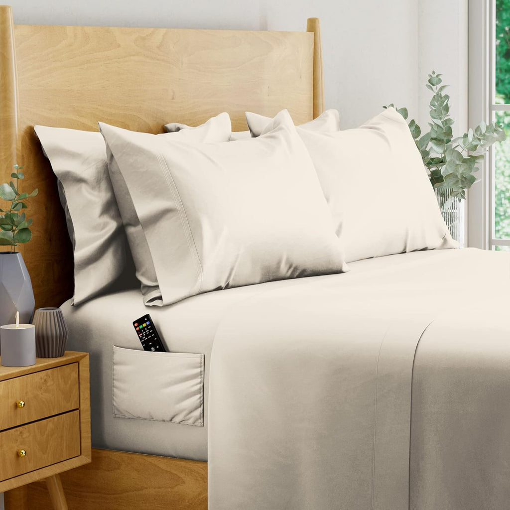 Ivory 6 pcs Queen Eucalyptus Lyocell Sheet Set with 2 Side Pockets P95441