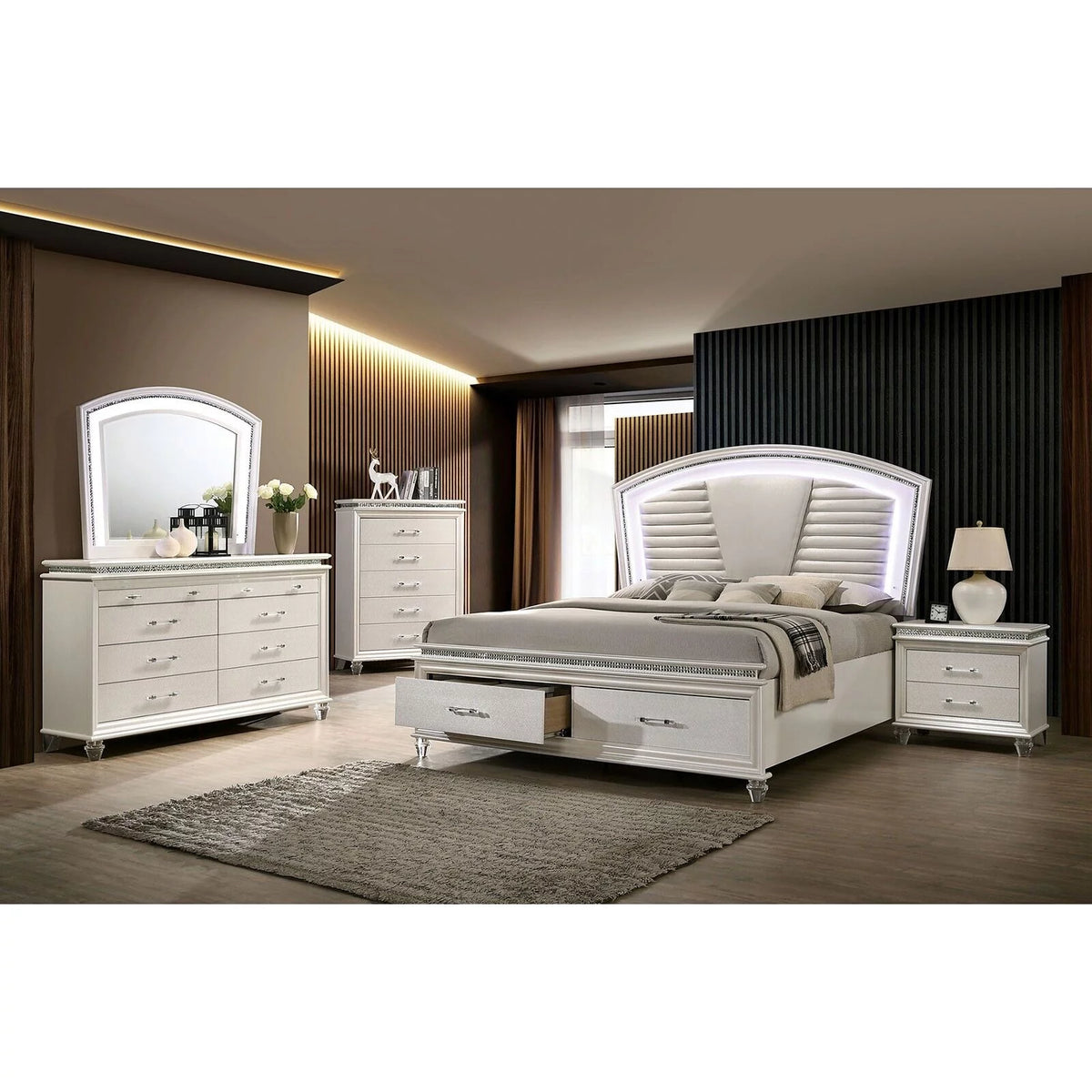 Pearl White 4pc Queen Size Bedroom Set Dresser Mirror Nightstand F472