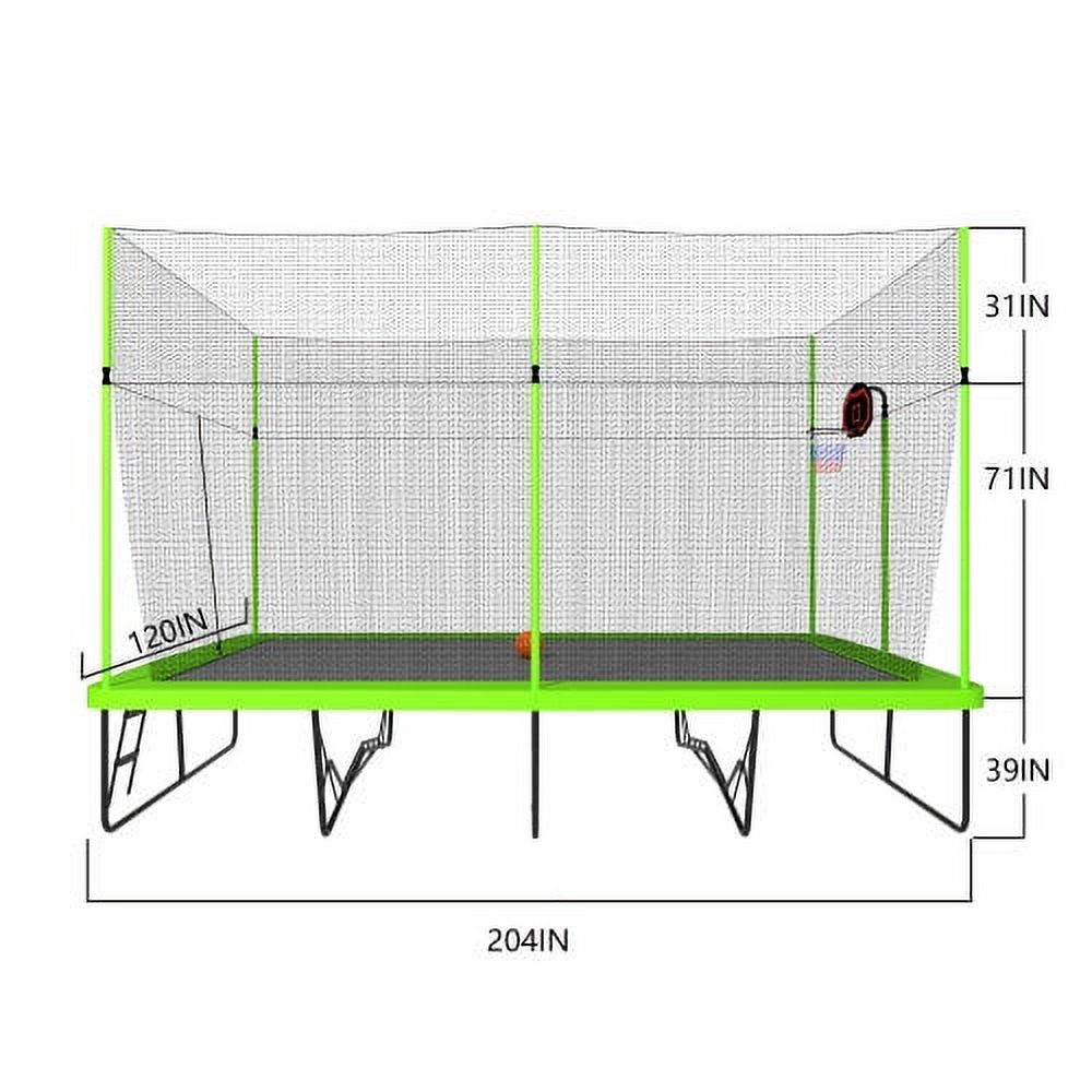 10ft by 17ft Rectangular Trampoline with Green Fabric Black Powder-coated Galvanized Steel Tubes with Basketball Hoop System B817