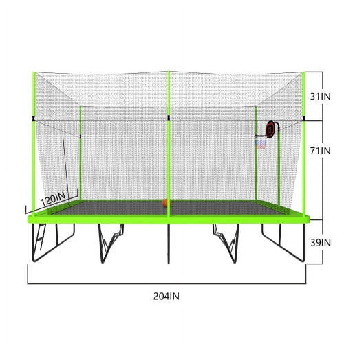 10ft by 17ft Rectangular Trampoline with Green Fabric Black Powder-coated Galvanized Steel Tubes with Basketball Hoop System B817