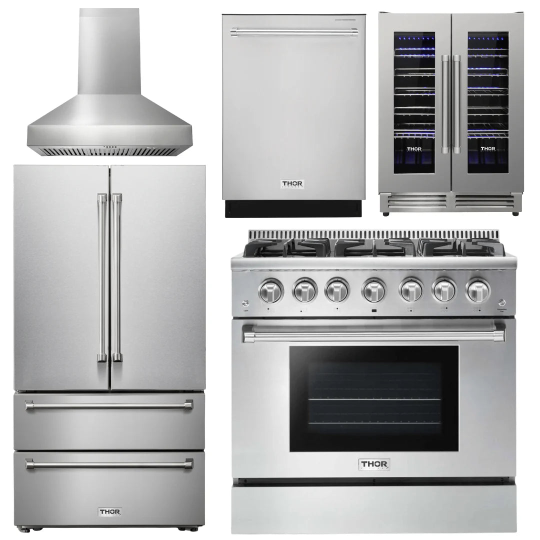 36 In. Propane Gas Burner/Electric Oven Range, Range Hood, Refrigerator, Dishwasher, Wine Cooler U722
