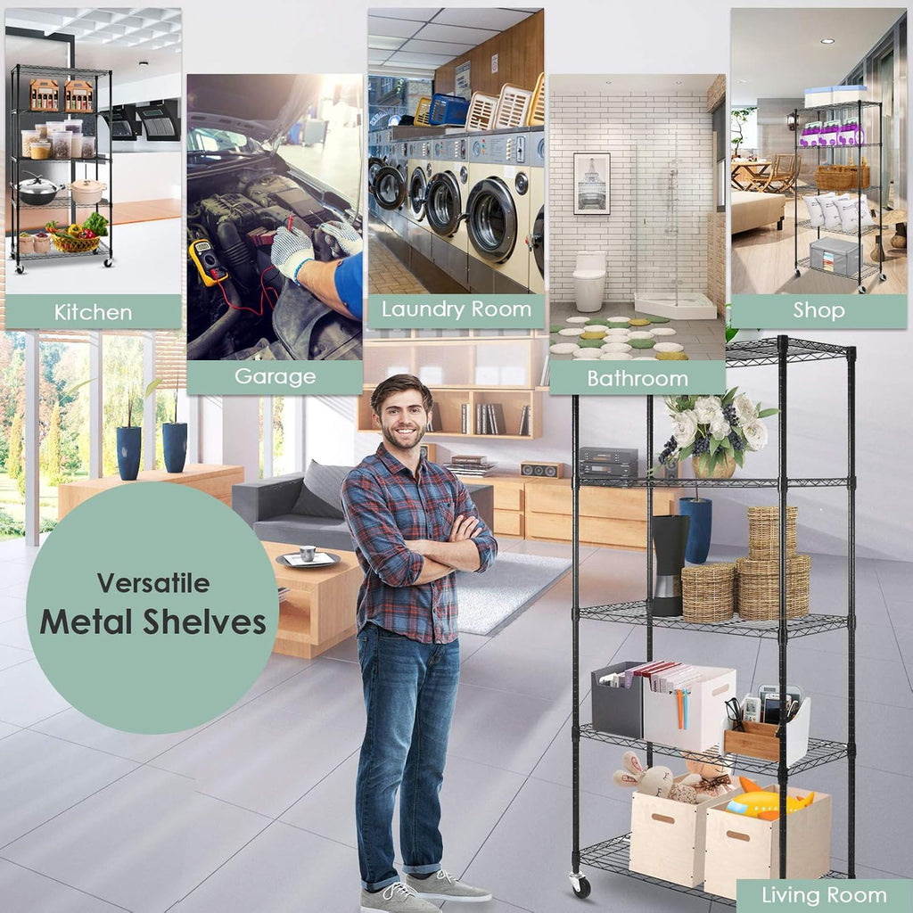 Black 5-Shelf Heavy Duty Metal Wire Shelving Unit on Wheels P72981