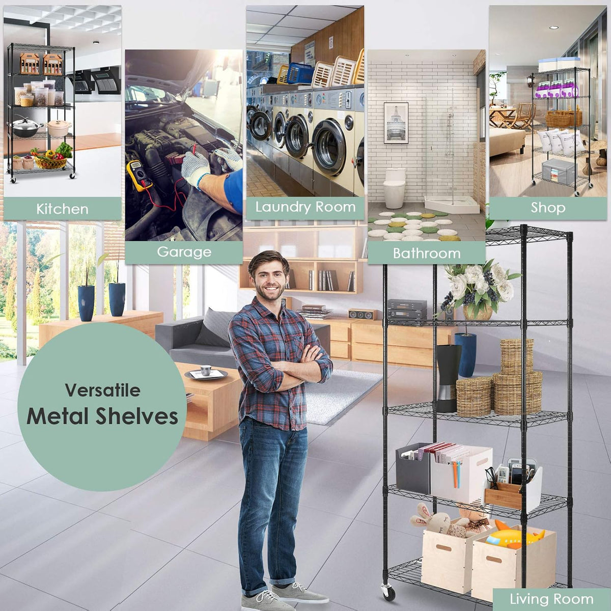 Black 5-Shelf Heavy Duty Metal Wire Shelving Unit on Wheels P72981