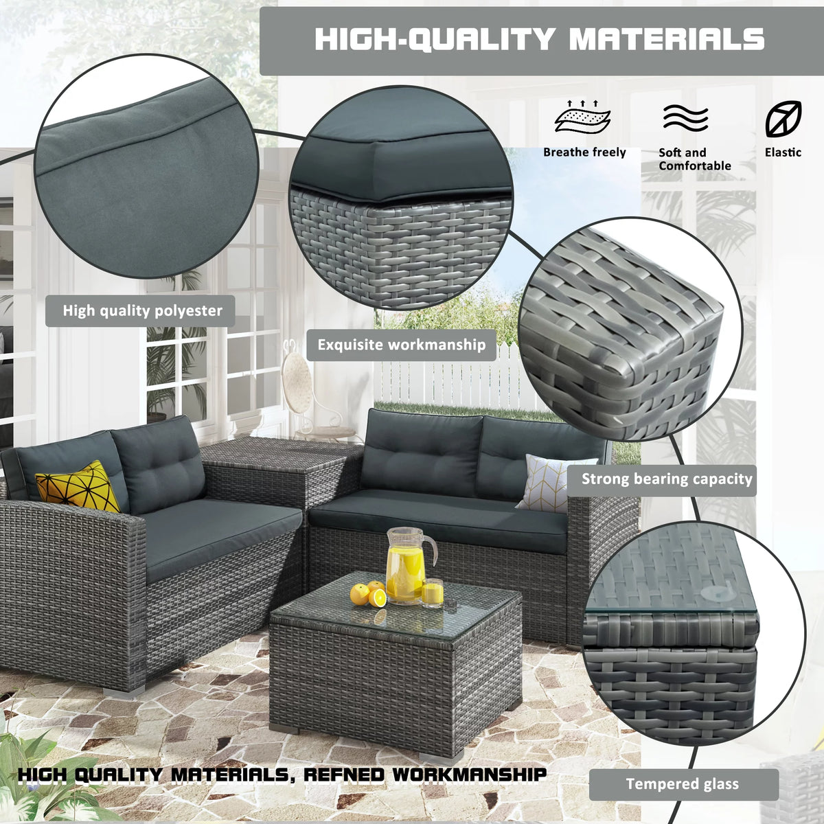 4Pcs All-Weather Rattan Wicker Patio Furniture Set with Storage Box & Table O595003