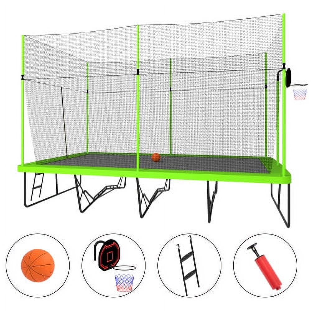 10ft by 17ft Rectangular Trampoline with Green Fabric Black Powder-coated Galvanized Steel Tubes with Basketball Hoop System B817