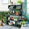 Green Wooden Potting Bench Table with Storage Shelves N41264