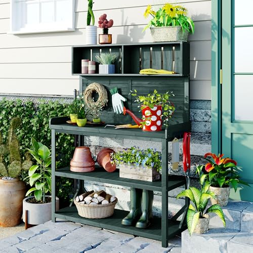 Green Wooden Potting Bench Table with Storage Shelves N41264