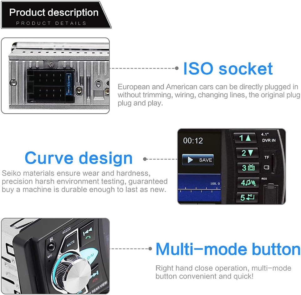 4.1 '' HD Screen Single Din Car Stereo with Bluetooth FM Radio Receiver E7695
