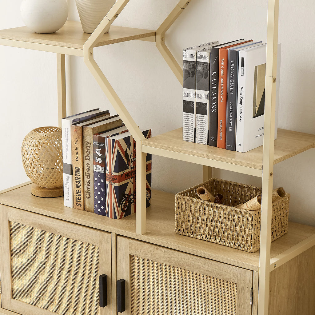 7 Tiers Wood Bookcase with Cabinet and Rattan Door W43080