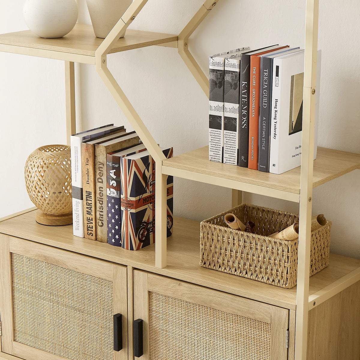 7 Tiers Wood Bookcase with Cabinet and Rattan Door W43080