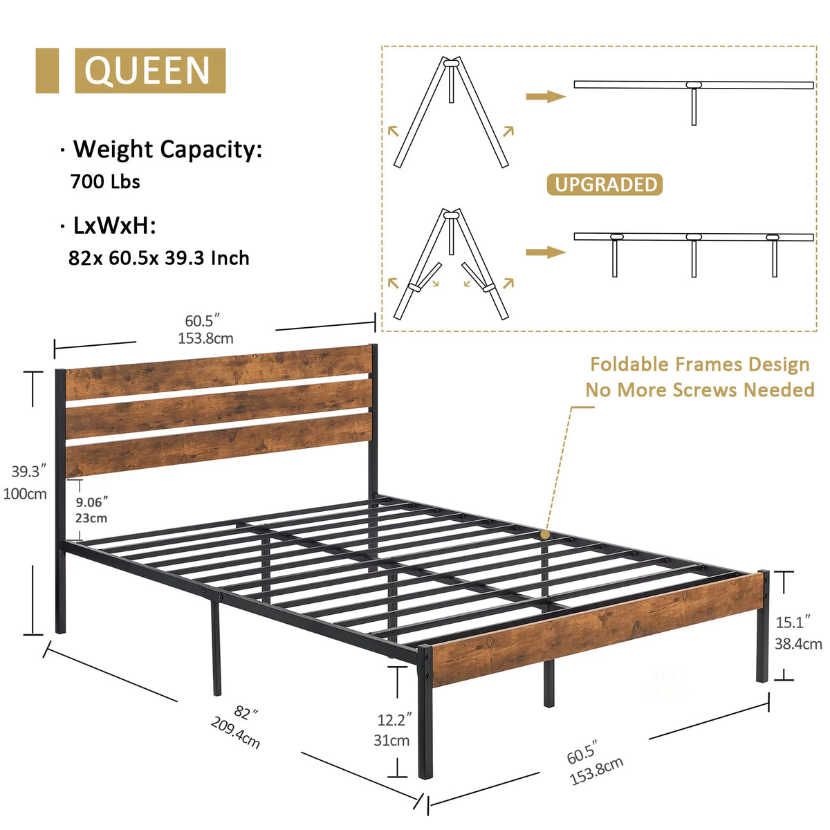 Queen Bed Frame with Wooden Headboard and Metal Slats J50116