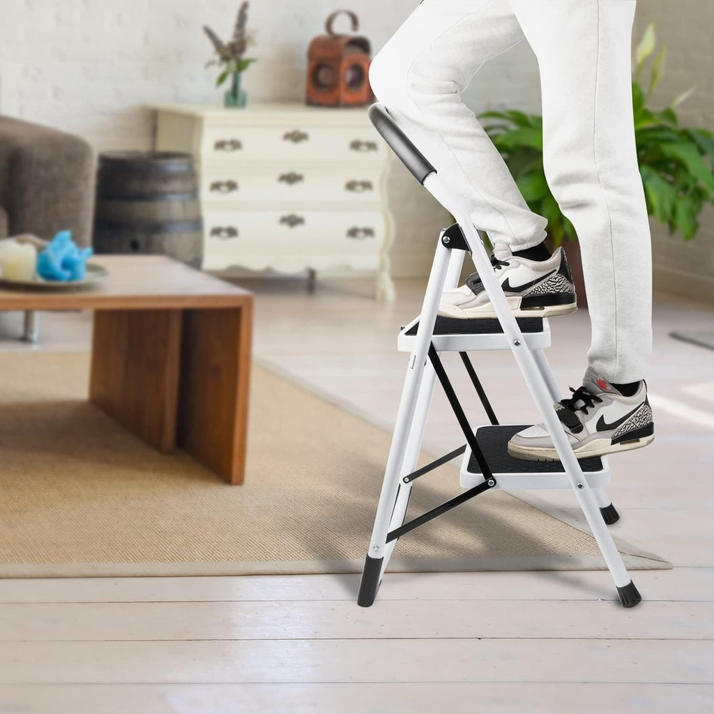 2 Step Folding Ladder with Arc-Shaped Handrail Metal Anti-Slip Base Wide Pedal Lightweight 330 LB Capacity Pack of 2 X834566