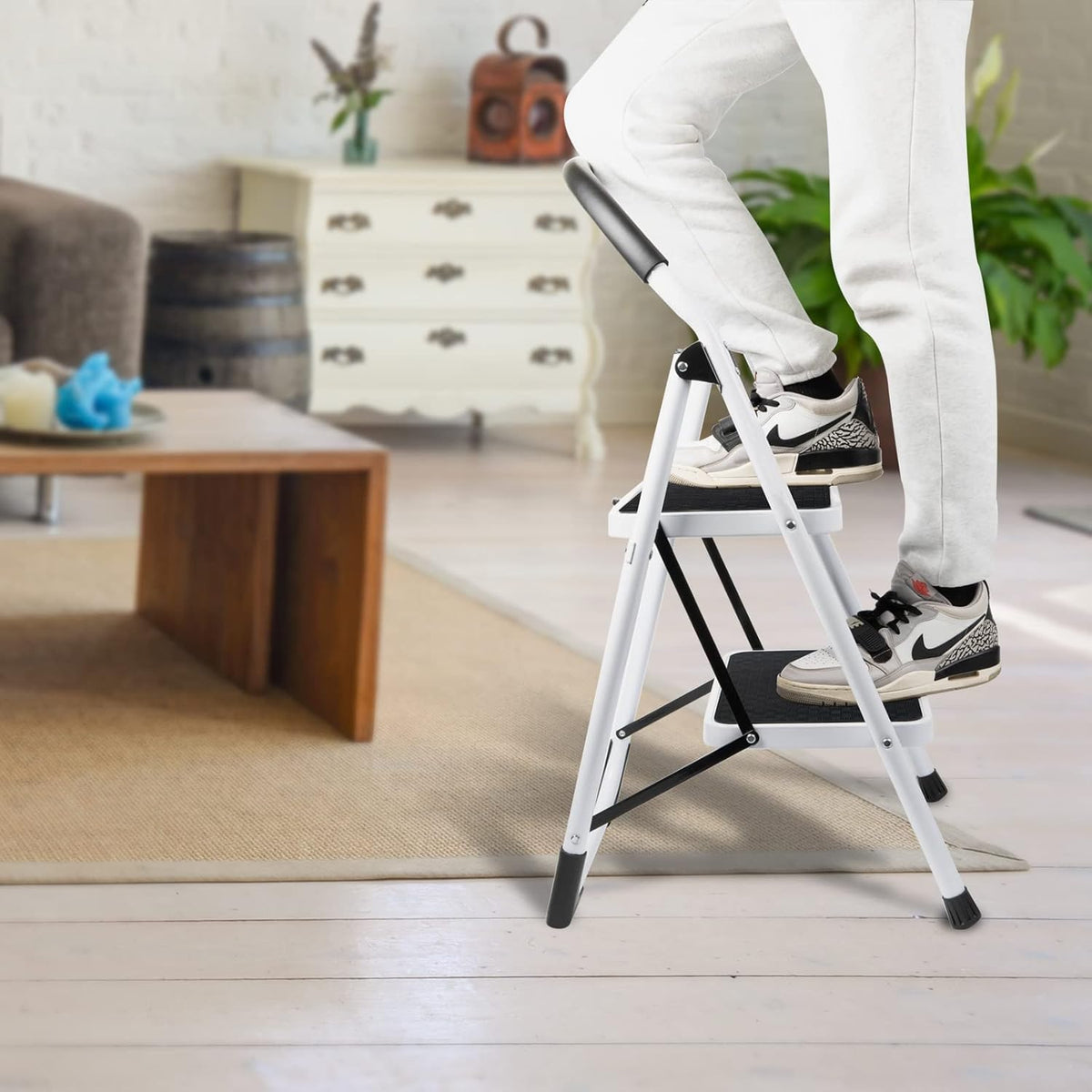 2 Step Folding Ladder with Arc-Shaped Handrail Metal Anti-Slip Base Wide Pedal Lightweight 330 LB Capacity Pack of 2 X834566