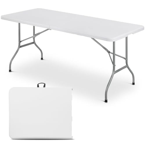48 Inch Folding Table with Carry Handle, Heavy Duty Plastic Utility Table with Steel Legs, White Q27904