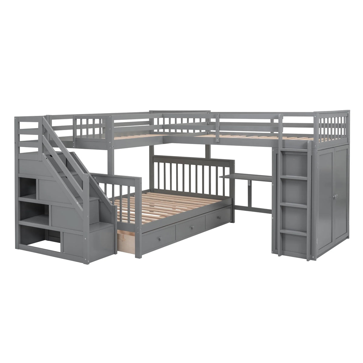 Twin-Twin Over Full L-Shaped Bunk Bed with Wardrobe and Desk V8778