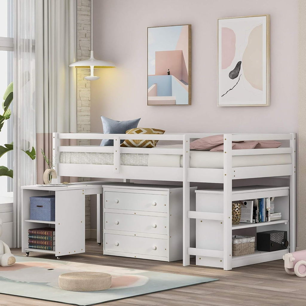 Twin Loft Bed with Desk and Cabinet Wooden Bunk Bed N1571
