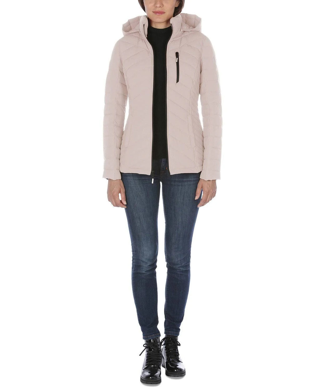 Rose Smoke Pink Hooded Polyester Puffer Coat Y23873