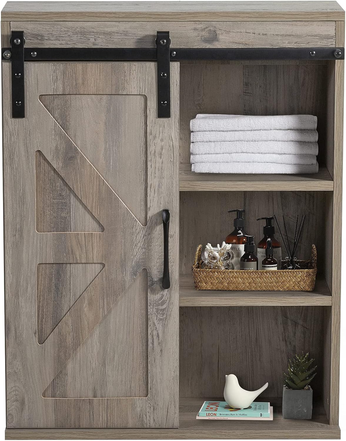 Rustic Wooden Wall Mounted Storage Cabinet with Sliding Barn Door (Washed Oak) R221964