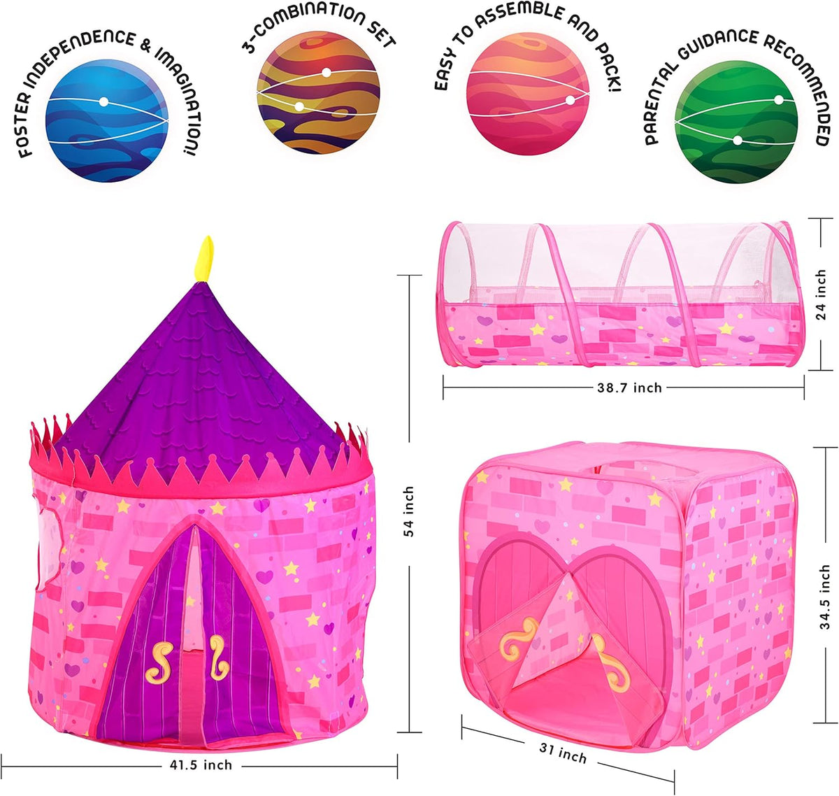 Pink Castle Play Tent with Pop Up Tunnel and Playhouse Kids Indoor Outdoor Play Tent Set S441