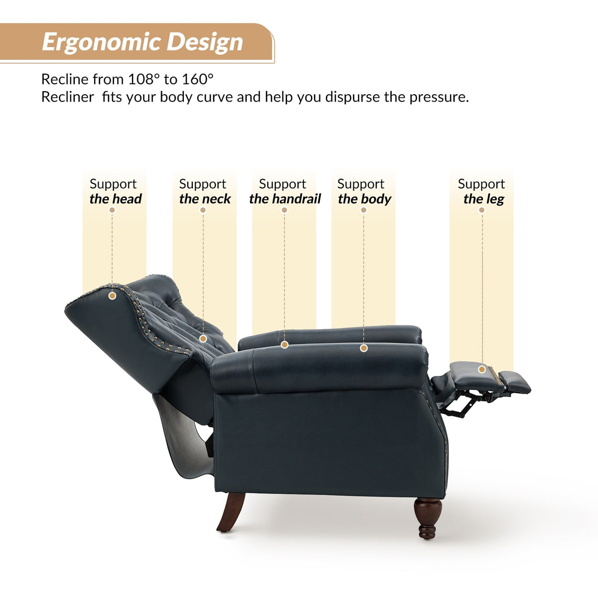 Navy Genuine Leather Tufted Manual Recliner Set of 2 Q10436
