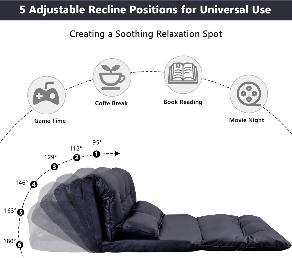 Adjustable Floor Sofa Bed with 2 Pillows, 5 Reclining Position, Black A911