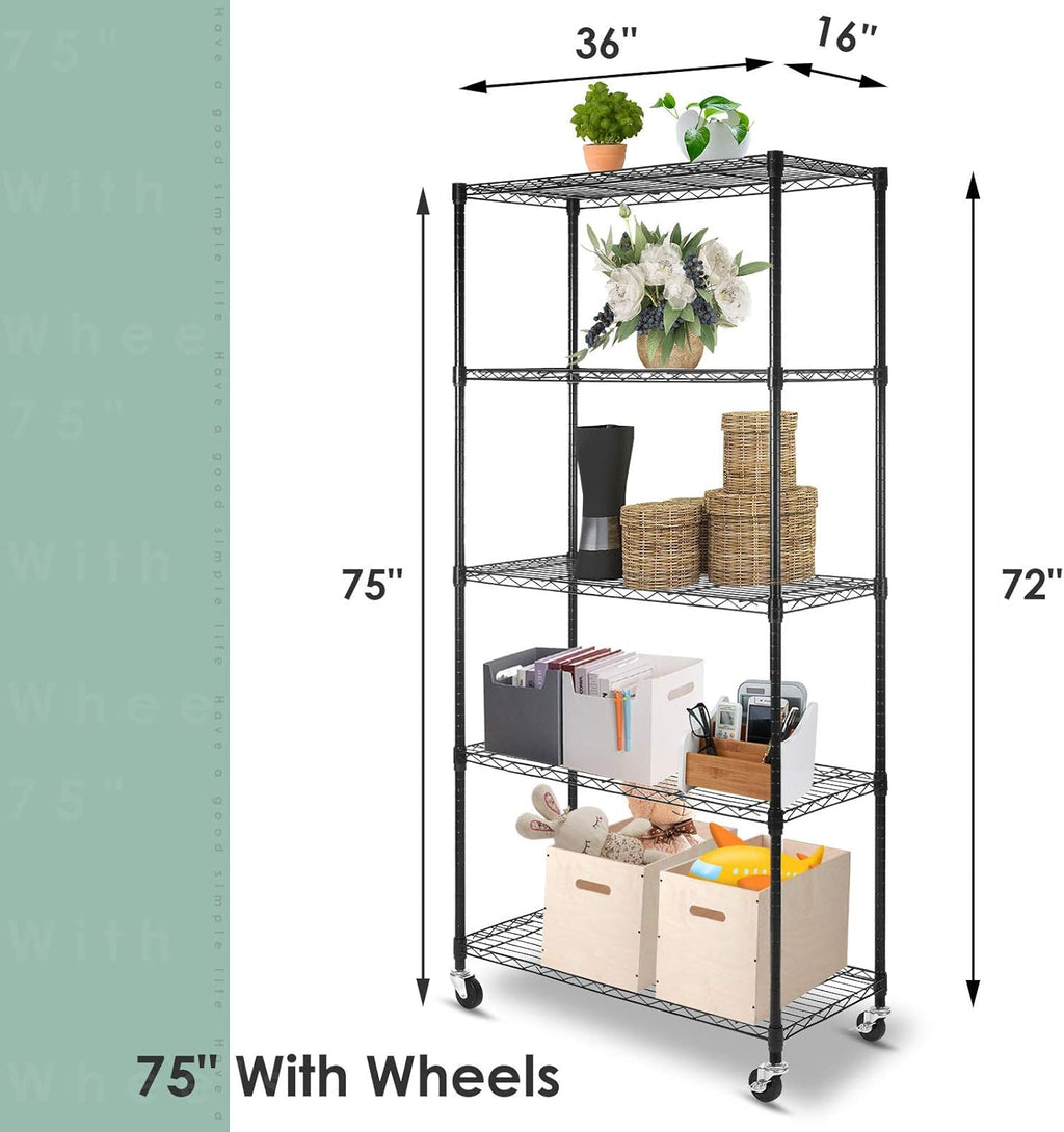 Black 5-Shelf Heavy Duty Metal Wire Shelving Unit on Wheels P72981