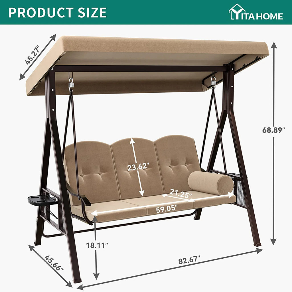 Brown 3-Seat Steel Frame Porch Swing with Canopy and Cushions K9686