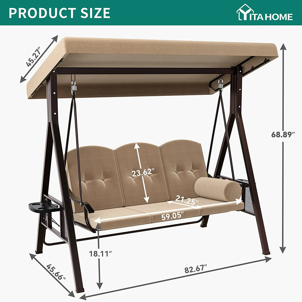 Brown 3-Seat Steel Frame Porch Swing with Canopy and Cushions K9686