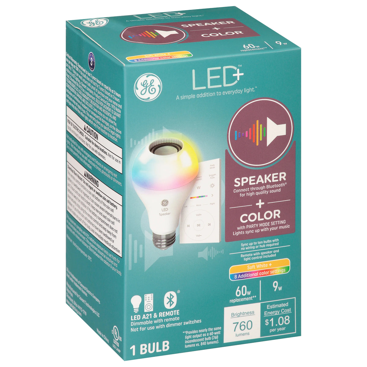 LED+ Speaker Light Bulb with Remote, Multicolor, A21, 9 Watt E787
