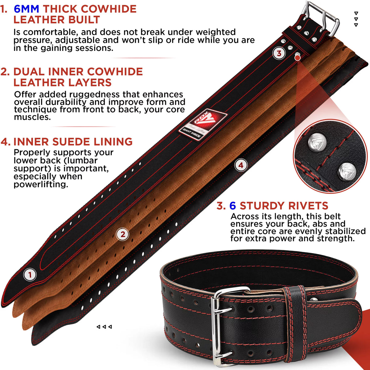 6mm Leather Weight Lifting Belt Black M C32705