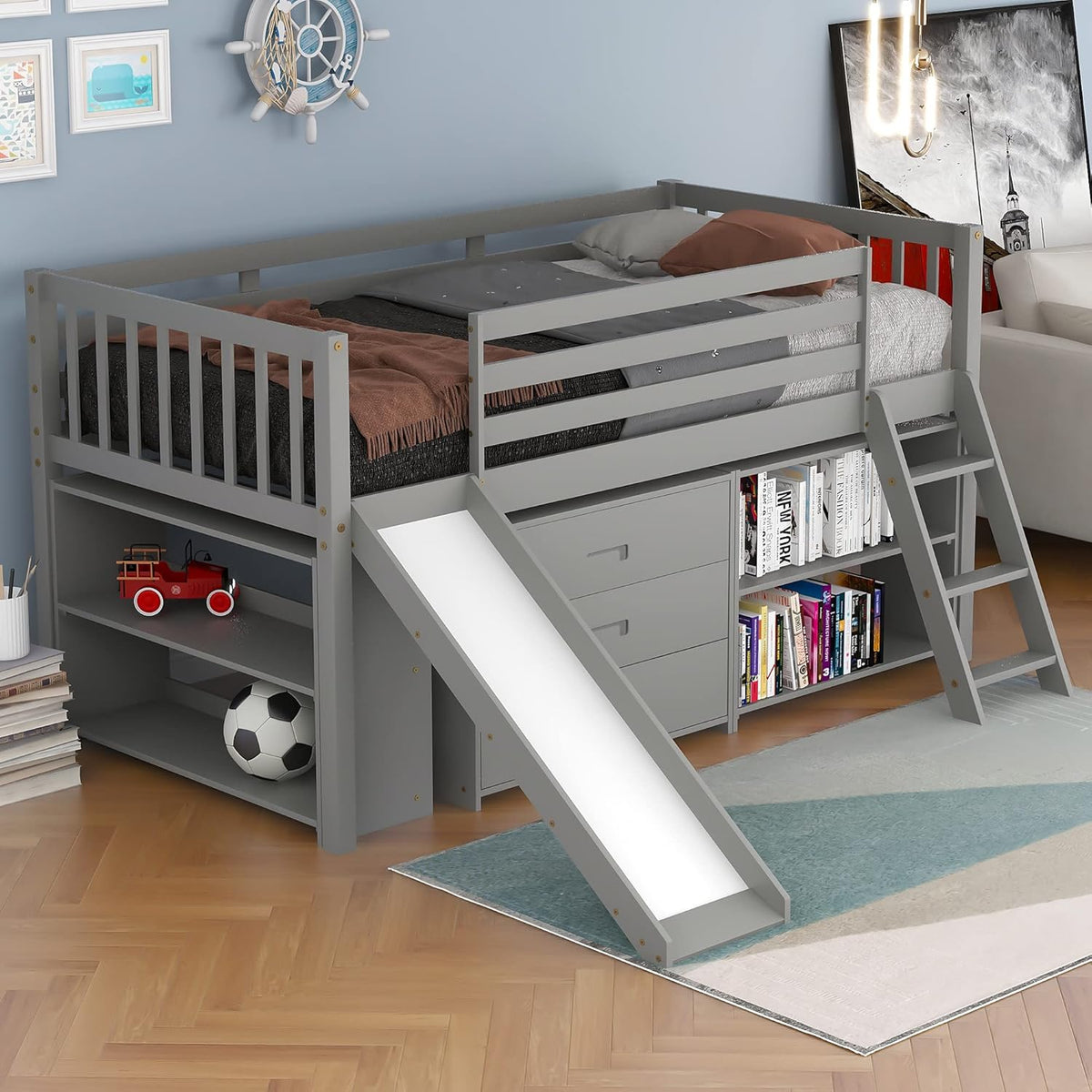 Twin Loft Bed with Desk and Cabinet Wooden Bunk Bed N1571